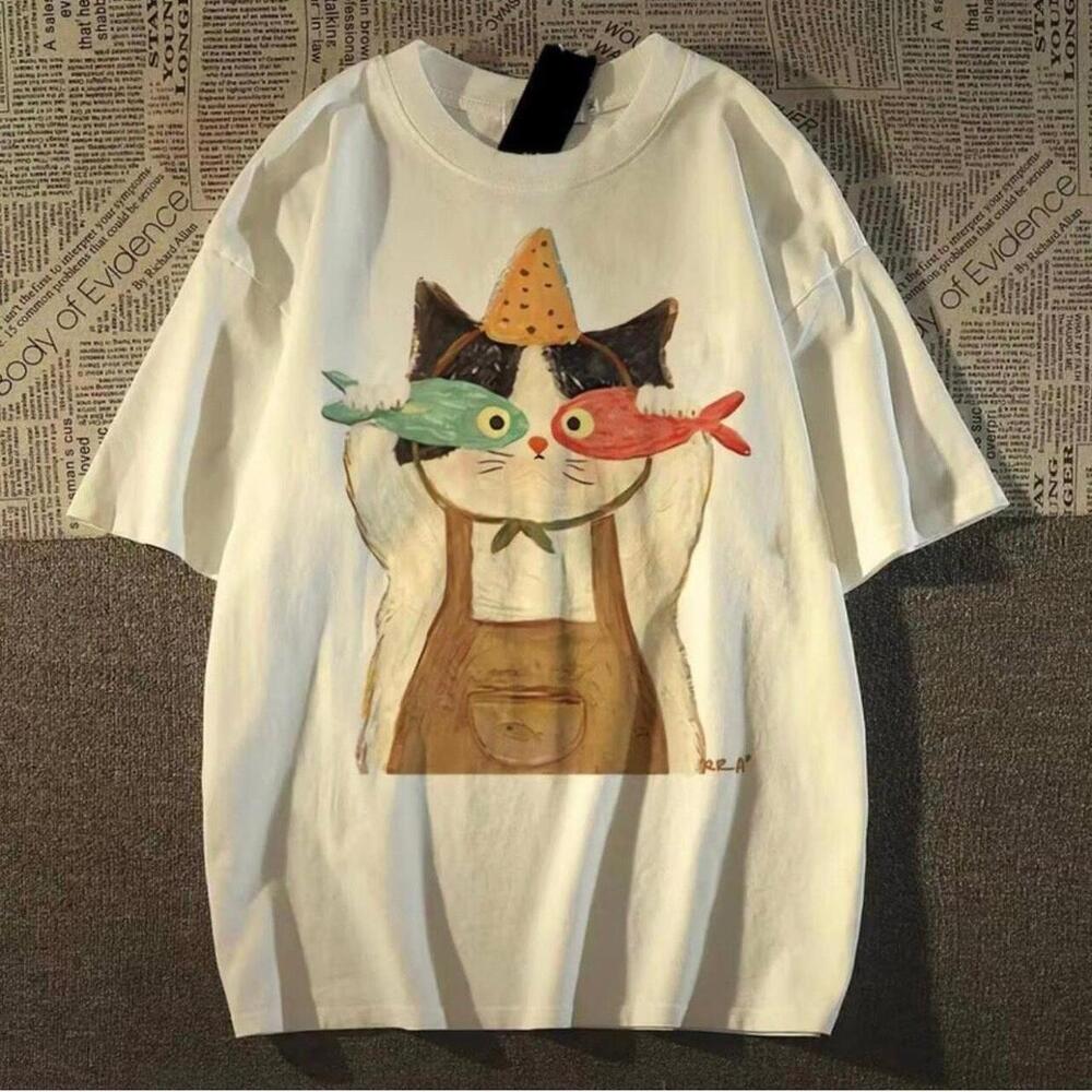 Cat And Fish Design Print Casual T-Shirt